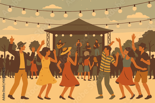 An outdoor music festival with dancing crowds beneath string lights, featuring vibrant evening wear, offers an ideal backdrop for events or parties, and a vintage filter heightens the ambiance