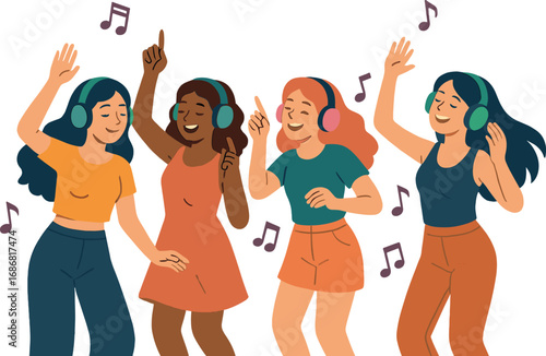 Young women dance and enjoy music at a silent disco festival