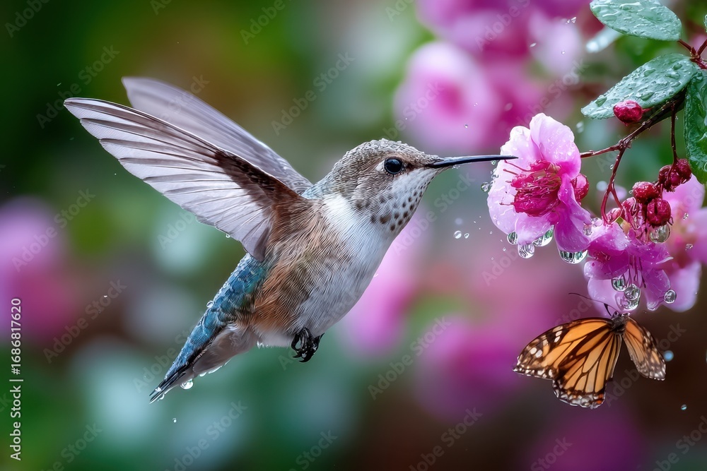 Fototapeta premium Hummingbird and Butterfly in Rainy Garden