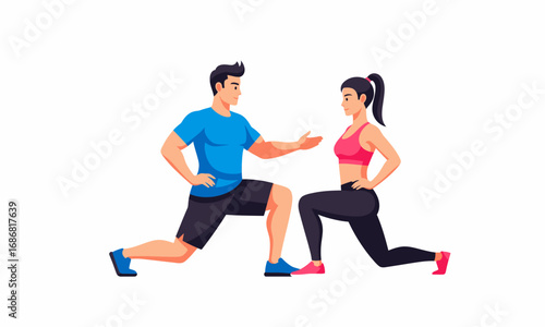 Energetic man and woman in activewear performing lunges, a dynamic fitness exercise.