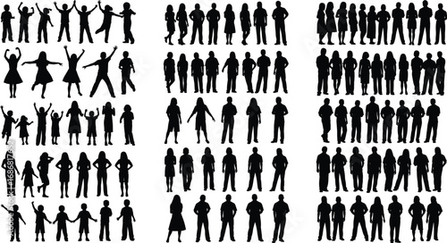 Diverse people silhouettes in various poses and group formations, dynamic human figures for design, animation, crowd scenes, and body language studies