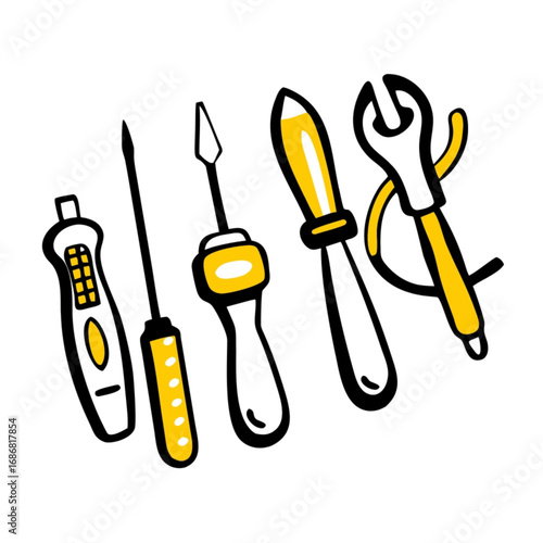 Minimilist illustration of a set of hand tools including screwdrivers and a wrench with yellow accents and dark outlines vector