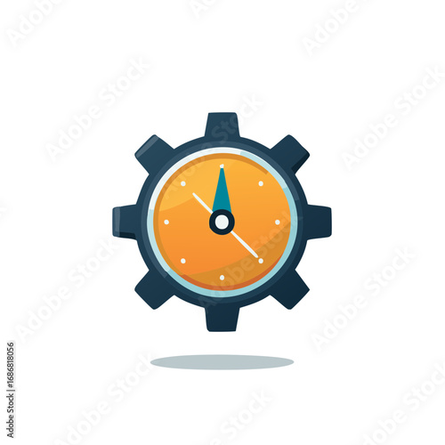 Clock face stylized as gear with hands showing time; flat vector illustration concept of timing, work process