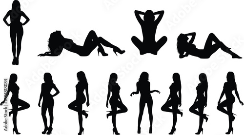 Elegant female fashion model silhouettes in various stylish poses wearing high heels, perfect for art reference, design inspiration, and creative projects