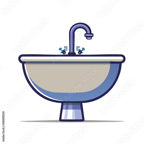 Cartoon illustration of a bathroom sink with a faucet and handles