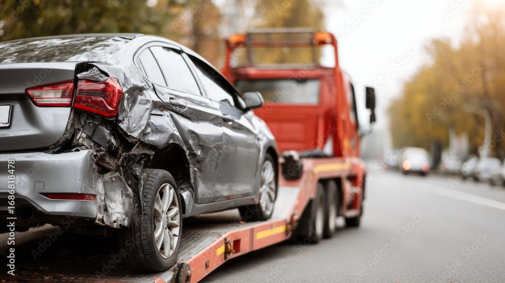 Naklejka premium Crashed car with rear damage being loaded onto tow truck after an accident. This stressful emergency needs road assistance