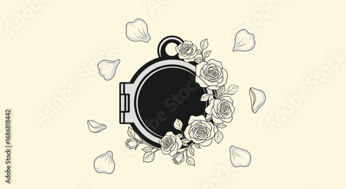 Hand drawn open locket with roses and petals illustration.