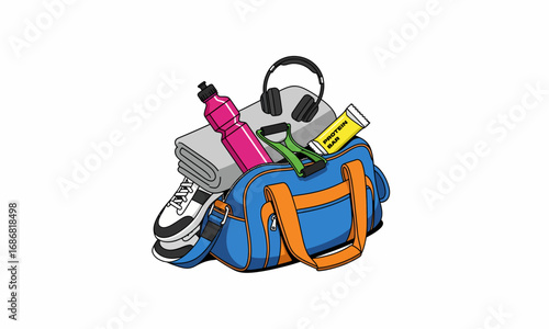 Gym Bag Overflowing with Workout Essentials - Towel, Bottle, Headphones, and Shoes.