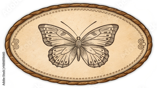 Detailed sketch of a butterfly in an oval frame insect