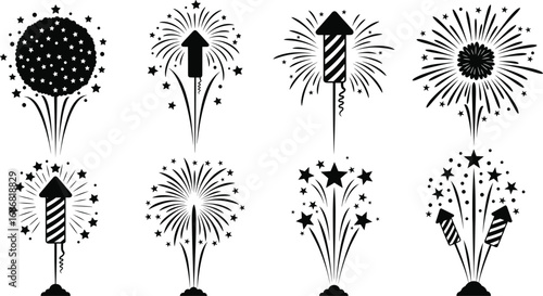 Black and white vector fireworks set with rockets, bursts, stars, spark trails for festive celebration, holiday, party design elements