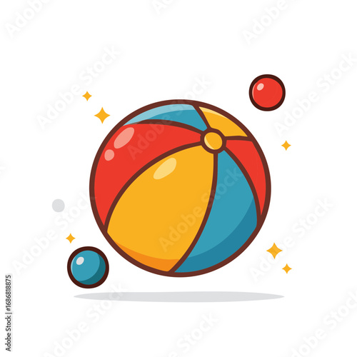 Vibrant striped beach ball with small spheres and shining stars ready for play and recreation