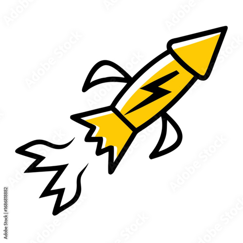 Minimilist a yellow rocket with a black outline and lightning bolt blasting off with white smoke trails shown vector