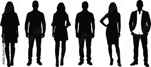 Fashion silhouettes of men and women in casual and formal clothing, standing poses vector illustration for style, apparel, and design projects