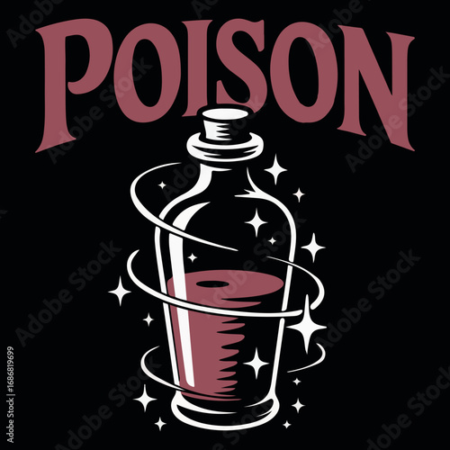 Vintage Poison Bottle Illustration with Smoke Effect. Retro Toxic Potion Bottle Vector Design. Mystical Poison Flask with Magic Smoke. Dangerous Poison Drink Concept Artwork. 