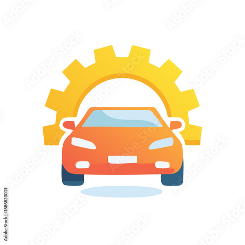 Orange car with yellow gear illustration for auto repair or mechanics logo