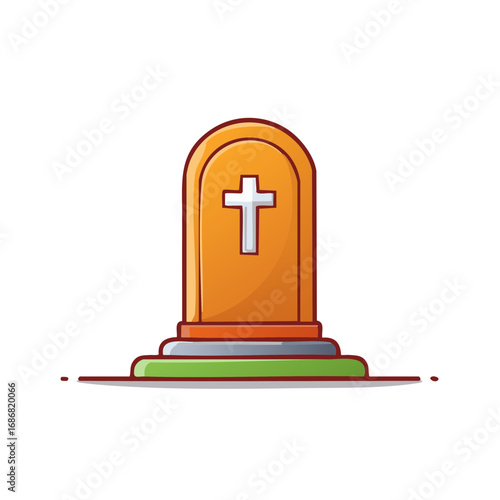 Tombstone Marker Featuring White Cross Religious Symbol in Colorful Cartoon Style