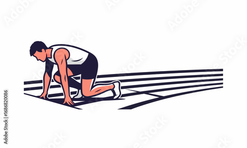 Male runner in starting blocks pose, ready to sprint on track, dynamic illustration style.