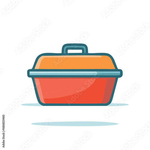 Orange lid cooking pot with red base and handles, isolated on white background, simple cartoon illustration