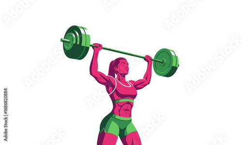 Powerful pink-skinned female weightlifter in green athletic gear hoisting a heavy barbell overhead.