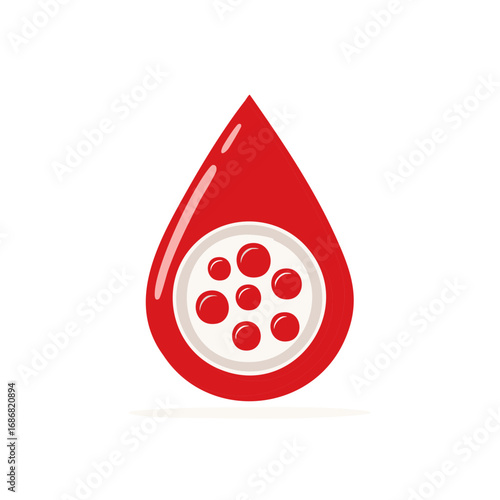 Red blood drop icon with magnified erythrocytes representing a blood test and analysis