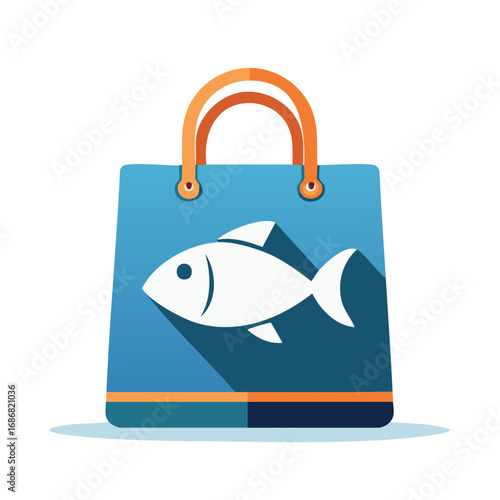 Fish logo on a blue shopping bag with orange handles and a flat design