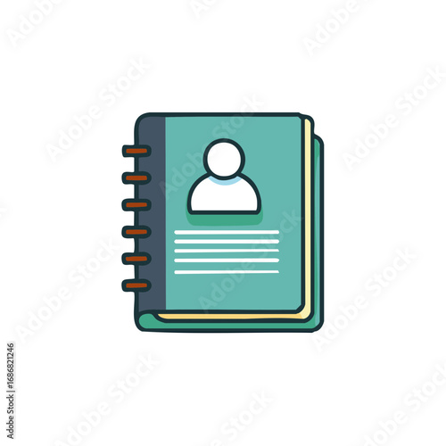 Teal contact book or address book icon with person profile and information lines representing personal directory