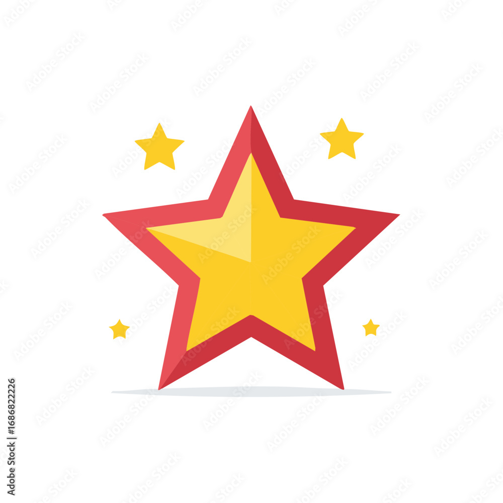 Obraz premium Shining yellow five pointed star with bold red outline and small glowing stars