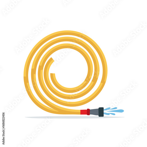 A coiled yellow garden hose with a nozzle spraying water. Flat vector illustration of gardening and yard work equipment.