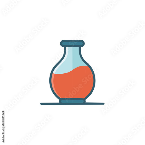 Stylized laboratory glass flask icon filled with vibrant orange red liquid scientific or magical potion