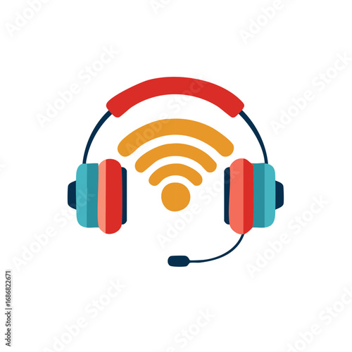 Headset with microphone and wireless signal icon for customer support podcasts and online communication