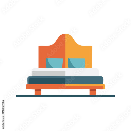 Colorful modern bed with headboard and pillows illustration cozy bedroom furniture icon