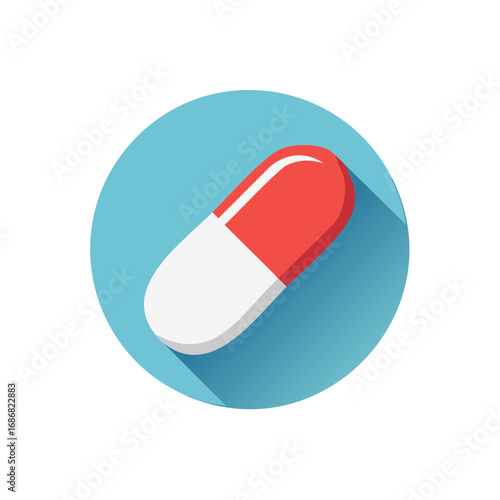 Red and white capsule icon with shadow on blue circle background
