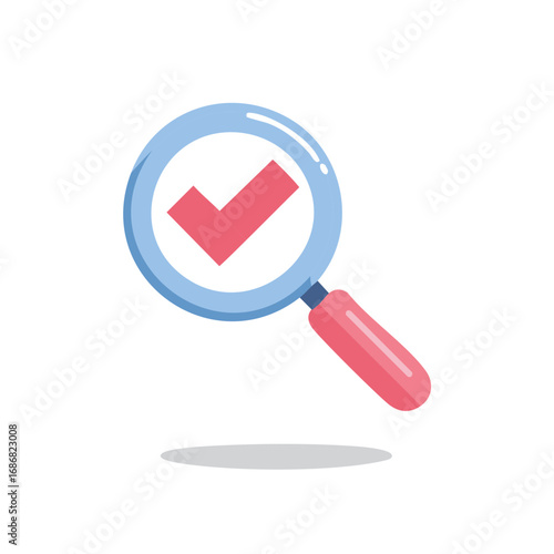 Magnifying glass with red checkmark symbol illustrating search, verification, approval, and quality control concept
