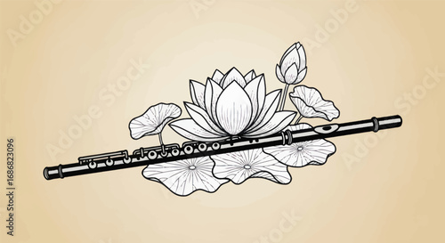 Elegant black flute resting on delicate lotus flowers illustration.
