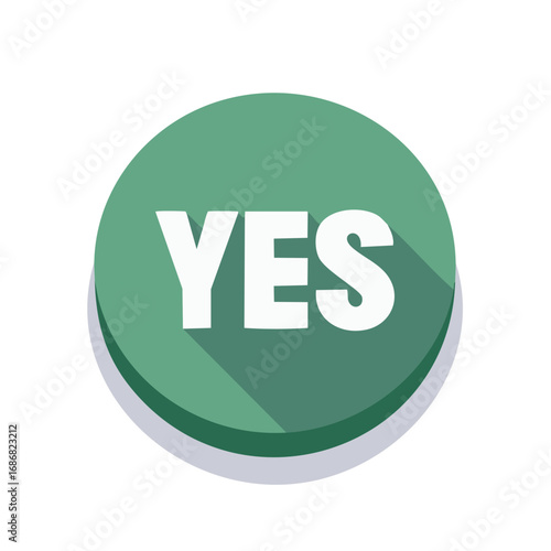Green button with white YES and shadow for voting and agreeing flat design