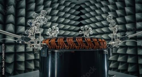 Highfield MRI gradient coil acoustic testing setup featuring multidirectional microphone arrays in a silent chamber.
