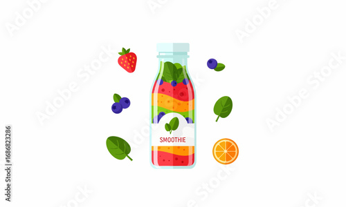 Vibrant Layered Fruit Smoothie in a Clear Glass Bottle with Fresh Berries.