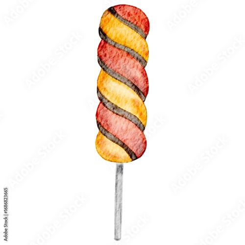 Hand Drawn Watercolor Isolated Halloween Striped Candy Stick Lollipop Illustration - for poster, card, banner, clothing, wallpaper, wrapping design in cartoon realistic style - red, black, yellow
