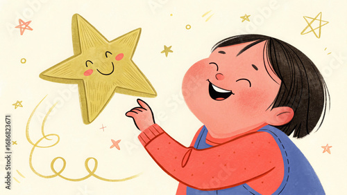 A happy cartoon-style illustration of a child reaching for a smiling star. This image can be used on websites or blogs for topics related to childhood, dreams, education, and success.


