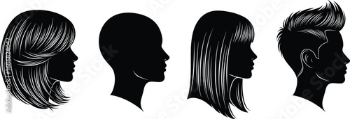 Silhouette profile set of diverse male and female heads with different hairstyles representing fashion, beauty, identity, and hairstyle variation concepts