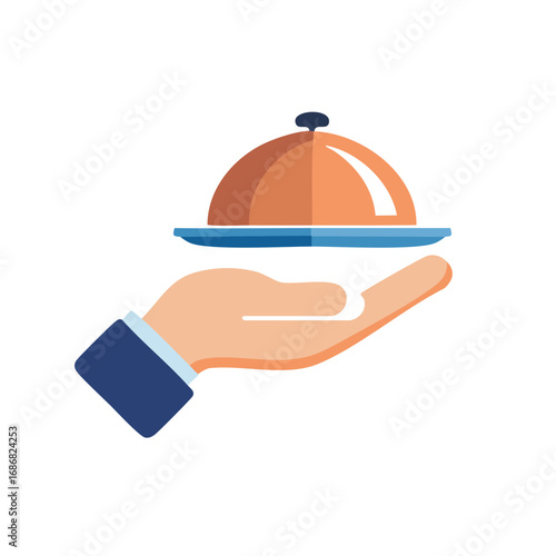 Hand offering covered dish of food service hospitality catering concept