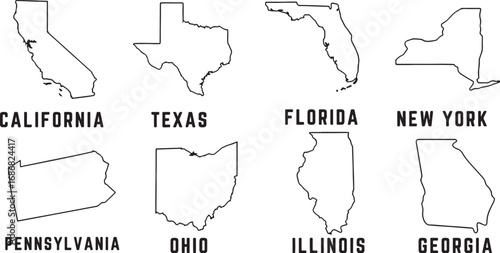 usa, united states, america, state, map, outline, silhouette, california, texas, florida, new york, pennsylvania, ohio, illinois, georgia, geography, cartography, country, nation, territory, region, t