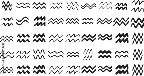 aquarius, zodiac, symbol, astrology, horoscope, water bearer, wavy lines, zig zag, pattern, graphic, design, element, icon, collection, set, hand drawn, sketch, doodle, black, white background, repeti