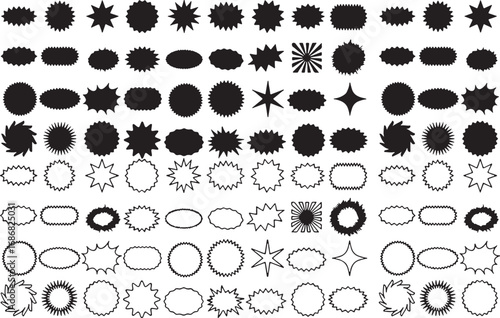 outline, shapes, black, collection, points, isolated, oval, shape, featuring, symbol, different, white, star, design, tag, rounded, promotion, starburst, graphic, description:, diverse, selection, sil