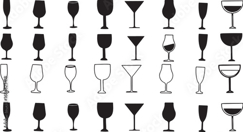 glass, drink, beverage, wine, champagne, cocktail, martini, goblet, silhouette, collection, set, black, white, outline, clear, transparent, isolated, graphic, design, element, bar, party, celebration,