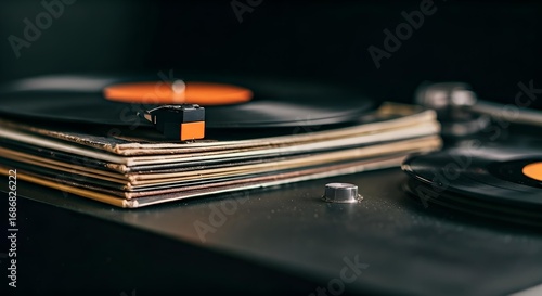 Vinyl Records Stacked on a Turntable, Close-Up
