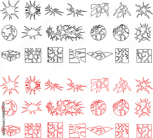 crack, broken, explosion, burst, impact, shatter, damage, effect, graphic, icon, symbol, design element, black, red, outline, line art, abstract, energy, rupture, fracture, debris, element