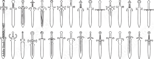 sword, weapon, blade, medieval, fantasy, historical, knight, warrior, combat, battle, duel, sharp, steel, metal, outline, drawing, illustration, design, symbol, collection, set, icons, line art, armam