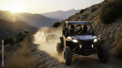 Action-packed atv adventure mountain trails outdoor activity dusty terrain wide angle thrill of off-roading