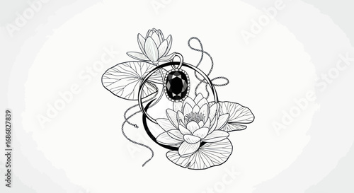 Intricate line art illustration of a gemstone locket with water lilies.